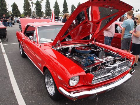 1994 Ford Bronco - Classic red Ford Mustang on display at a car show, hood and engine compartment open for viewing.