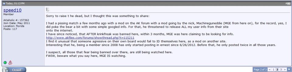 Forum post discussing user bans and online behavior