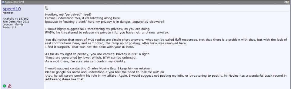 Forum post with text about privacy and legal matters