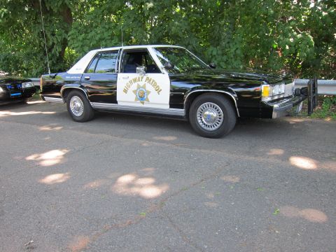 1991 Ford LTD Crown Victoria - black-and-white Highway Patrol cruiser with a gold star emblem on its door, parked under shade trees.
