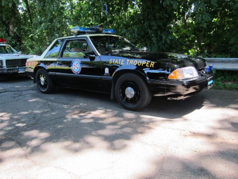 1991 Ford LTD Crown Victoria - black State Trooper Mustang patrol car marked with gold lettering and a blue lightbar, parked in dappled shade.