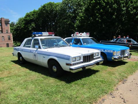 1991 Ford LTD Crown Victoria - white striped Police sedan and a blue Police cruiser parked on a lawn beside a brick building.