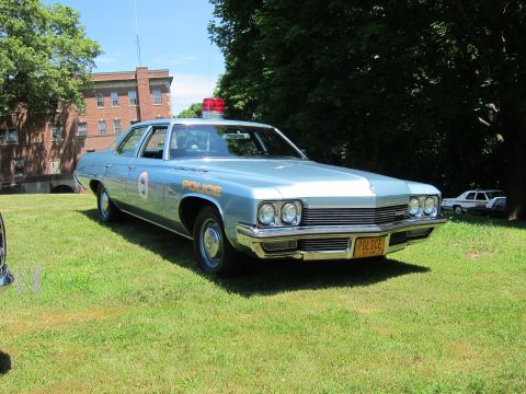 1991 Ford LTD Crown Victoria - light blue Police-marked sedan with a red rooftop beacon and gold lettering, parked on a sunny lawn.