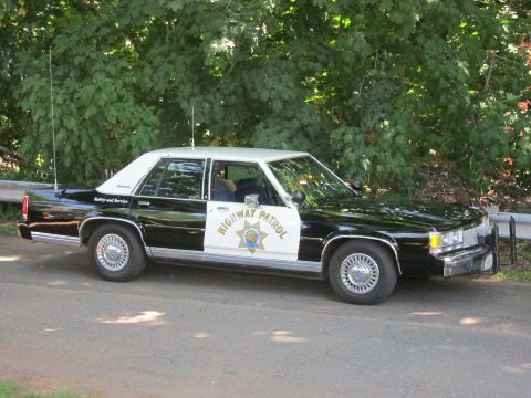 1991 Ford LTD Crown Victoria - Profile view of a black-and-white Highway Patrol cruiser with a gold star door emblem, parked under trees.