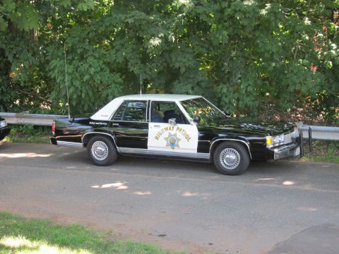 1991 Ford LTD Crown Victoria - black-and-white Highway Patrol cruiser with a gold star emblem parked on a paved drive against green foliage.