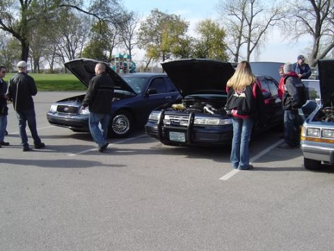 1998 Ford Crown Victoria - Several Ford Crown Victorias are displayed with their hoods open at an outdoor gathering.
