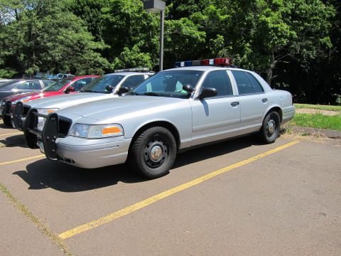 1991 Ford LTD Crown Victoria - silver police sedan fitted with a front push bar and roof light bar parked in a paved lot beside red sedans.