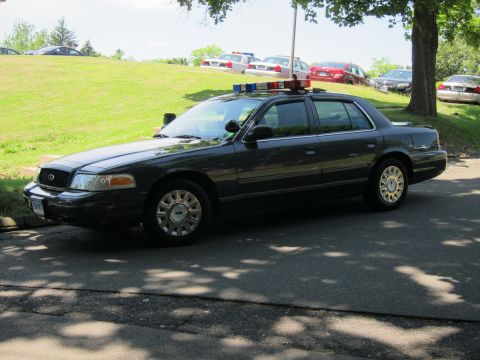 1991 Ford LTD Crown Victoria - dark gray Ford Crown Victoria police sedan with a roof lightbar parked on pavement beside a grassy slope.
