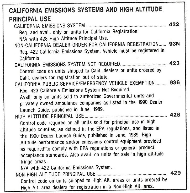 1990 order guide page listing California emissions and high altitude principal use codes 422, 93N, 423, 936, 428 and 429