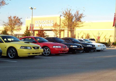 1998 Ford Crown Victoria - Several Ford Mustangs are parked in a lot outside a retail store.
