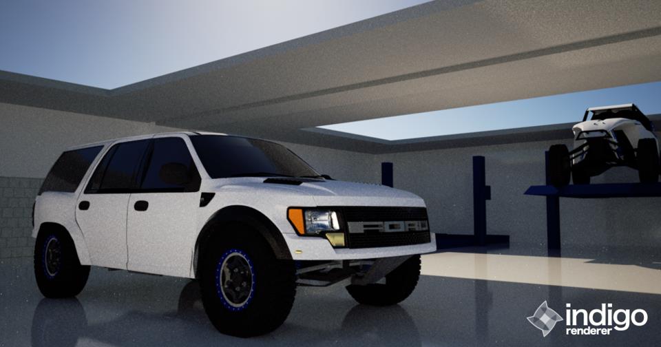 White SUV with "FORD" grille, off-road tires, and hood scoop parked indoors