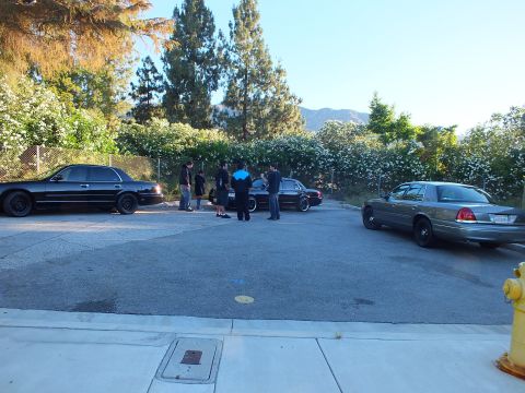 2003 Ford Crown Victoria - People stand among parked Crown Victoria sedans in a lot, fire hydrant in foreground and hills behind.