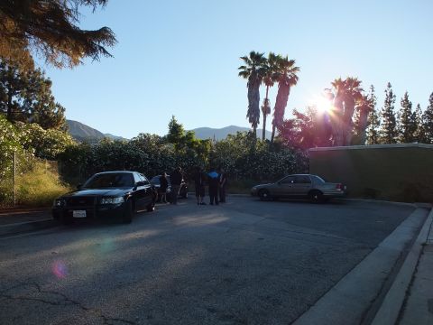 2003 Ford Crown Victoria - Sun sets behind palms as people stand near a black Ford sedan in a hillside parking lot.