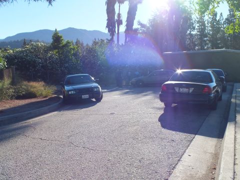 2003 Ford Crown Victoria - Bright sun flare washes over dark sedans parked in a curving hillside lot.