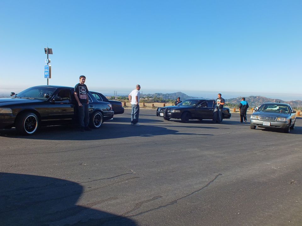 Group of black and silver full-size sedans with people on a hilltop parking lot