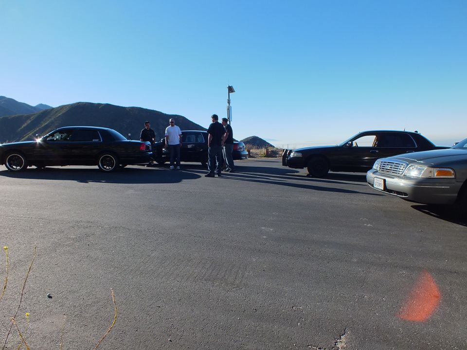 Black and silver full-size sedans parked with people, mountains in background