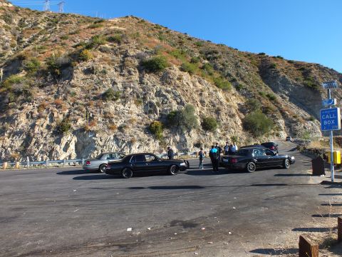 2003 Ford Crown Victoria - Group of lowered black sedans at a canyon overlook beneath power-line ridges