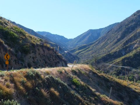2003 Ford Crown Victoria - Steep brush-covered canyon ridges flank a roadway marked by a curve sign under clear blue sky.
