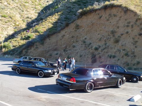 2003 Ford Crown Victoria - Several lowered dark sedans angled in a lot beneath a steep cut bank at a car meet.