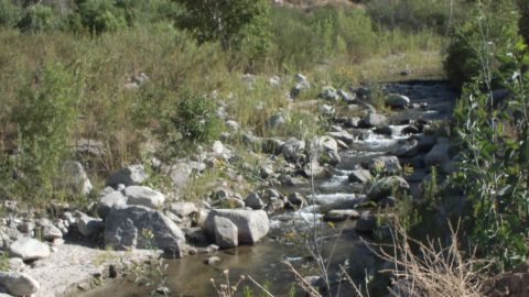 2003 Ford Crown Victoria - Water cascades over a boulder-strewn bed flanked by grass and shrubs.