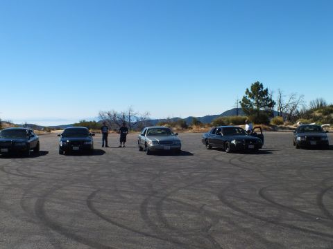 2003 Ford Crown Victoria - Full-size sedans gather on a dirt pad as men stand and inspect an open door.