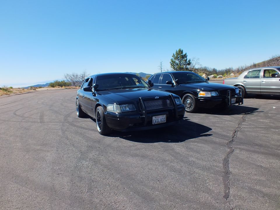 Two blacked-out Ford Crown Victoria sedans parked on mountain lot, front-quarter view