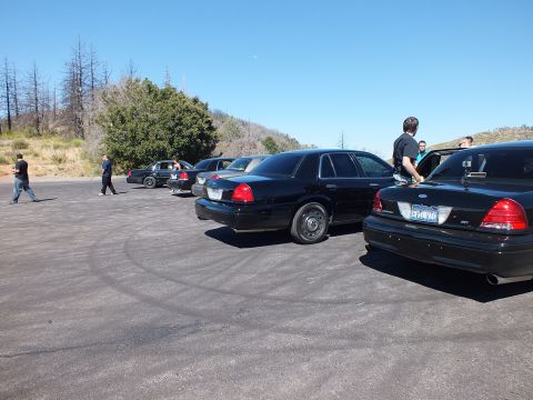 2003 Ford Crown Victoria - Lined-up Panther sedans seen from rear, people walking the mountain lot, tire marks on pavement