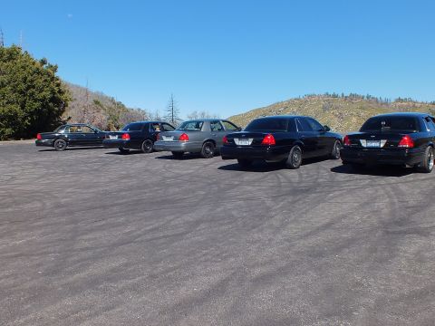 2003 Ford Crown Victoria - Lineup of black and silver Panther sedans across mountain lot seen from behind, tire marks