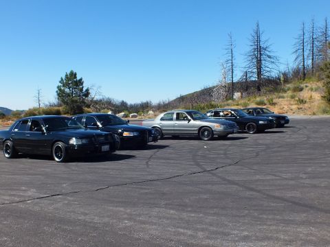 2003 Ford Crown Victoria - Mercury Grand Marquis and Crown Victoria cars parked diagonally near a charred ridge