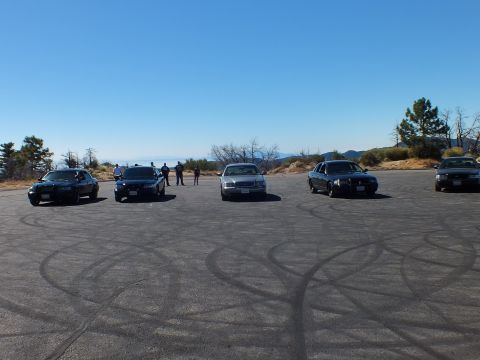 2003 Ford Crown Victoria - Crown Victoria cars and onlookers on a paved overlook ringed by pine and brush