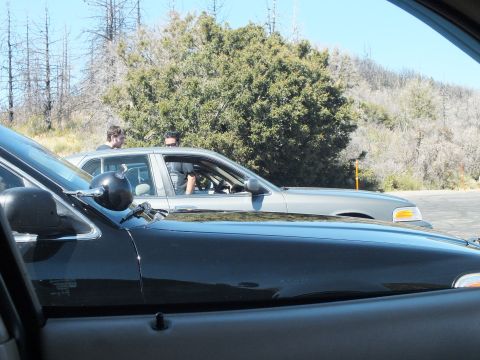 2003 Ford Crown Victoria - Silver sedan with driver visible, shot through a parked car window near wooded hills