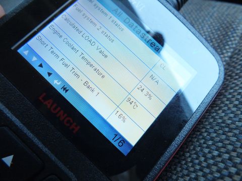 2003 Ford Crown Victoria - Live datastream on a Launch OBD2 reader showing engine sensor values, screen 1 of 6