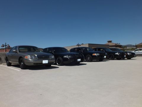 2003 Ford Crown Victoria - Front view of silver Crown Victoria heading a row of black full-size sedans on a deck