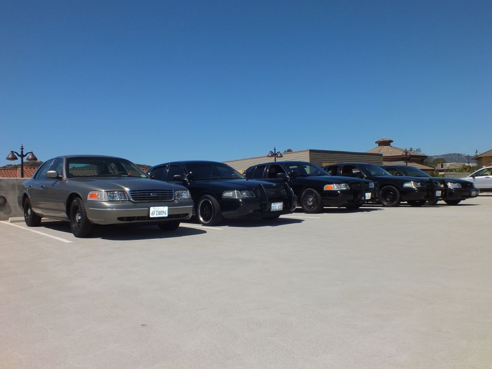 Silver Ford Crown Victoria with black steel wheels leads row of black sedans on rooftop