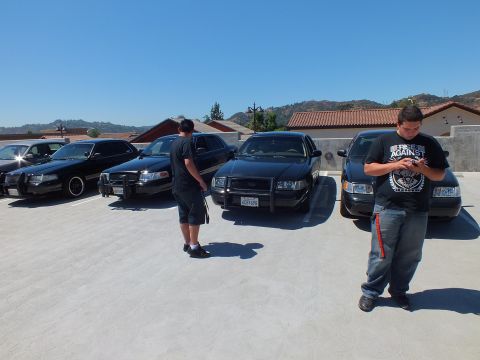 2003 Ford Crown Victoria - People gather around black Crown Victoria sedans on a rooftop deck below green hills