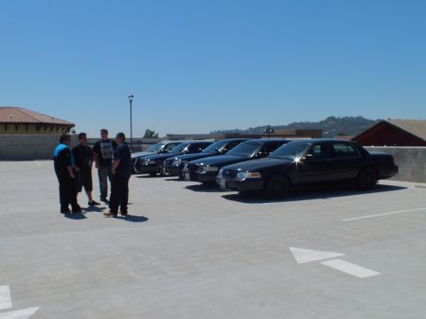 2003 Ford Crown Victoria - Four people stand near a lineup of black sedans on an open parking structure.