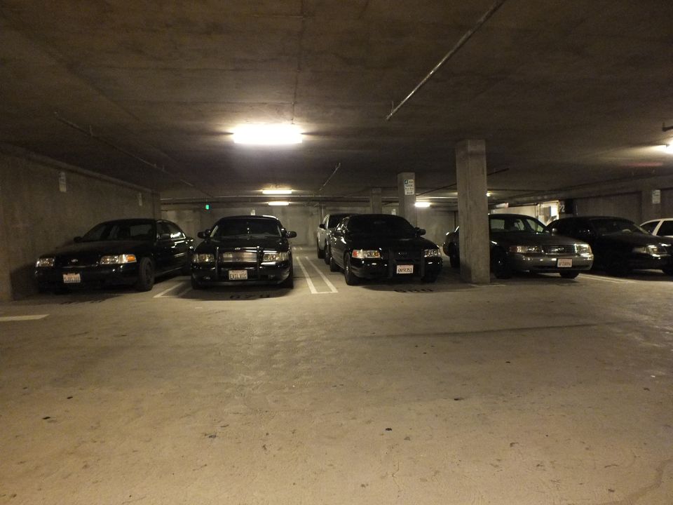 Front view of black Ford Crown Victoria sedans parked in an underground garage