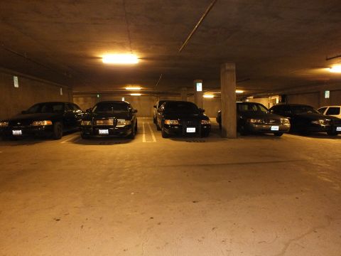 2003 Ford Crown Victoria - Front-facing row of dark sedans bathed in amber fluorescent light in a garage.