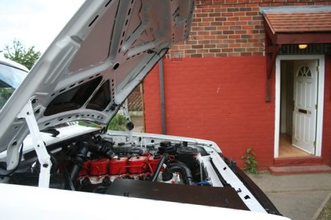 1989 Ford Bronco - Engine bay of a white vehicle with the hood open, showing red engine parts.