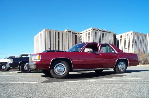 1991 Ford LTD Crown Victoria - A red sedan is parked in a lot with other vehicles under a clear blue sky.