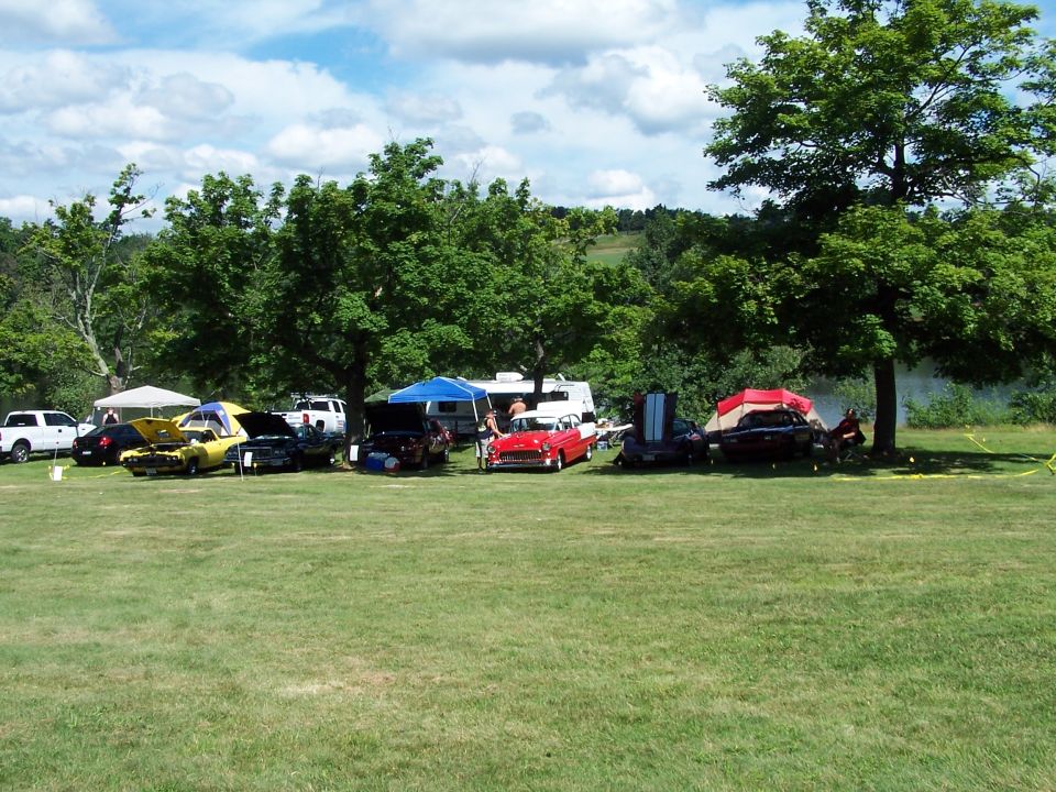 Row of show cars with hoods up under trees at a grassy outdoor car show