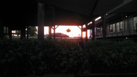 2000 Mercury Grand Marquis - A red car is seen in the distance as the sun sets, viewed through a covered outdoor area with foliage in-focus bushes in the foreground.