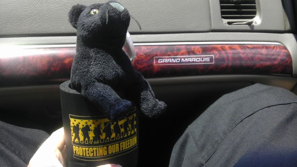 Interior dashboard trim reads GRAND MARQUIS. Plush toy sits in a cup holder