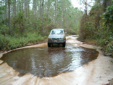 1991 Ford Bronco - 1991 Ford Bronco navigates a muddy puddle on a wooded dirt track.