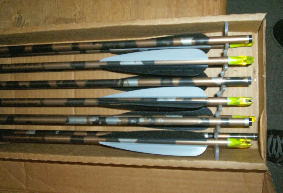 Box of six camouflage arrows with light blue fletching and yellow nocks