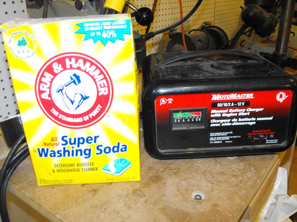 Between the soda ash and the battery charger, you're pretty much set. The ratio is a tablespoon per gallon of water.