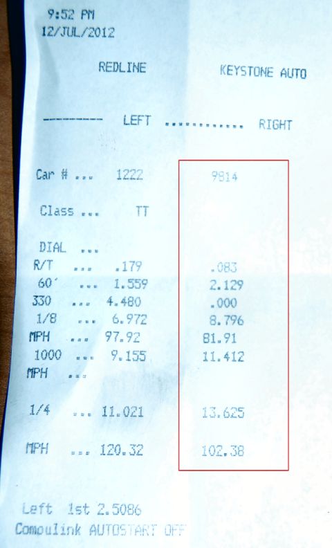 1985 Mercury Grand Marquis - A drag strip time slip shows performance data for two cars, identified by numbers 1222 and 9814.