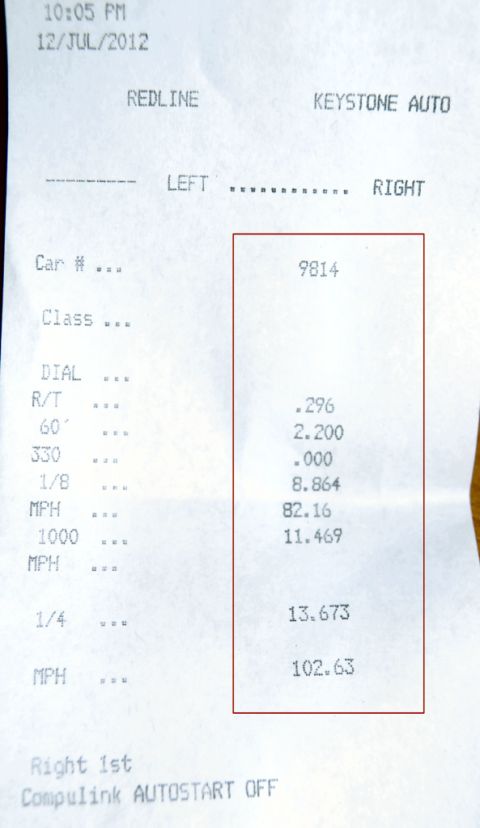 1985 Mercury Grand Marquis - A drag strip time slip shows performance data for car number 9814, including quarter-mile times and speeds.