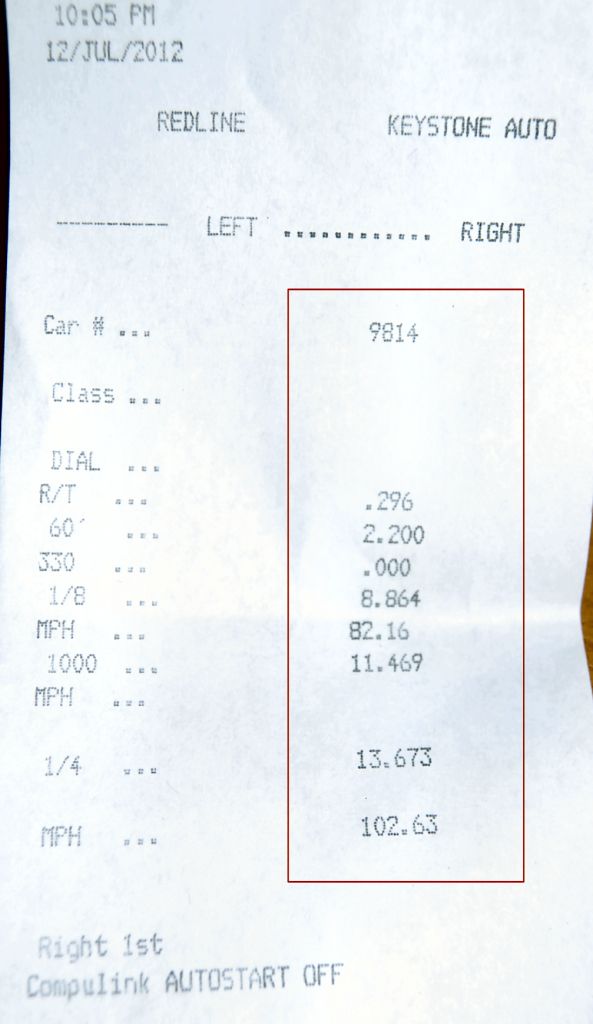 Drag strip time slip with car number 9814 and various performance metrics like R/T, 60', 1/8, 1/4 mile times and MPH