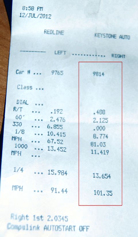 1985 Mercury Grand Marquis - A drag strip time slip shows performance data for two cars, including reaction time, speed, and elapsed times.